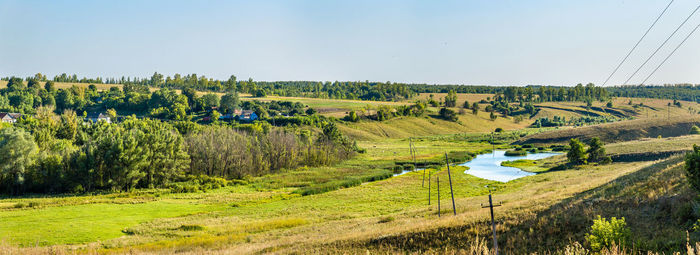 Scenic view of agricultural field against clear sky