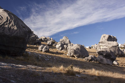 Rock formations on landscape against sky