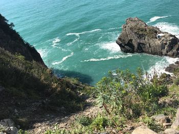 High angle view of rocks on sea