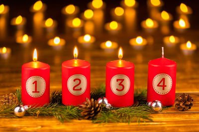 Close-up of lit candles on christmas lights