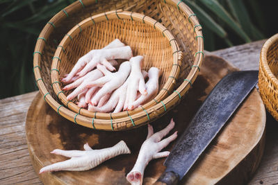 High angle view of bread in basket on table