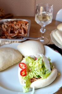 High angle view of food in plate on table