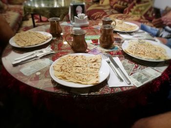 High angle view of breakfast served on table