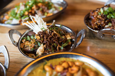 High angle view of food served in bowl on table