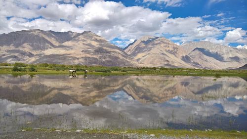 Scenic view of lake and mountains against sky