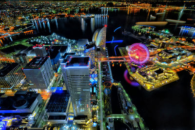 High angle view of illuminated buildings at night