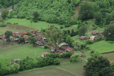 Scenic view of village amidst trees and houses