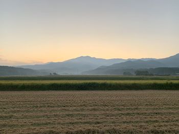 Scenic view of field against sky during sunset