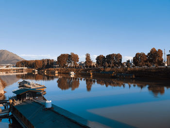 Scenic view of lake against clear blue sky