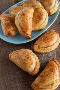 High angle view of bread in plate on table