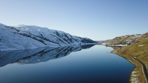 Scenic view of snowcapped mountains against clear sky