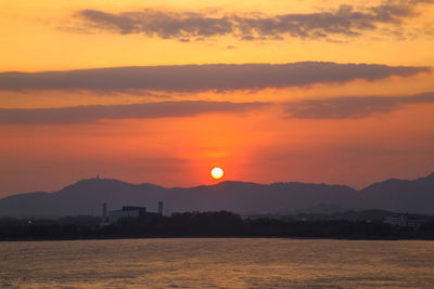 Scenic view of sea against romantic sky at sunset