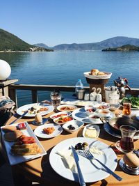 View of food on table at restaurant against clear sky