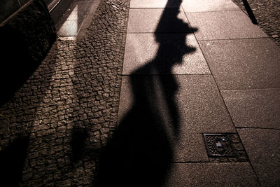 Low section of man walking on cobblestone street