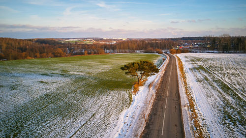 Panoramic shot of road amidst trees against sky