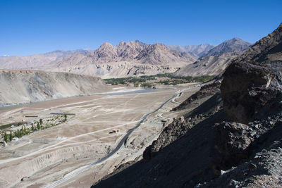 Scenic view of desert against clear blue sky