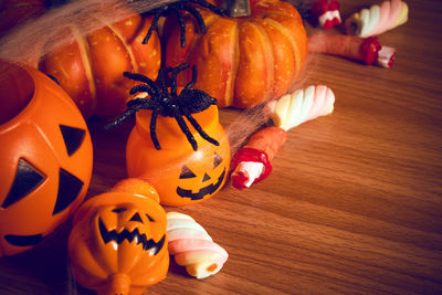 High angle view of pumpkins on table