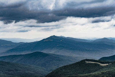 Scenic view of mountains against cloudy sky