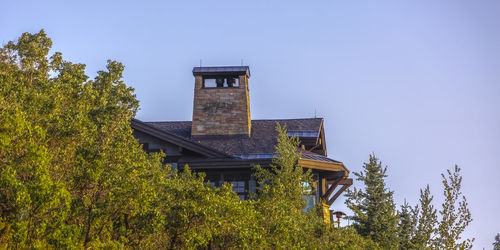 Low angle view of trees and building against sky