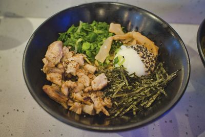 High angle view of mazesoba noodle in bowl on table