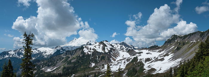 Panoramic view of snowcapped mountains against sky