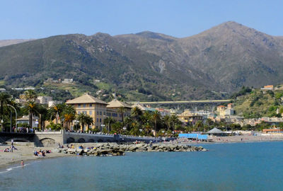 Scenic view of sea by mountain