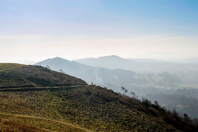 Landscape image of the malvern hills with windswept trees