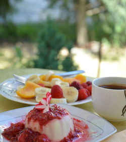 Close-up of dessert served on table