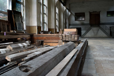 Empty benches in old building