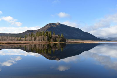 Scenic view of lake and mountains against sky