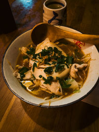 High angle view of food in plate on table