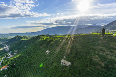 Idyllic rural landscape under sunbeams