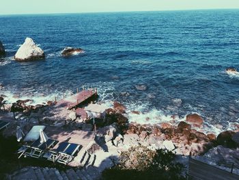 High angle view of sea against clear sky