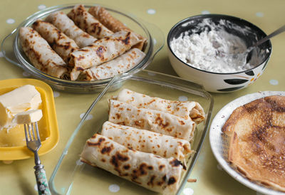 High angle view of food in plate on table