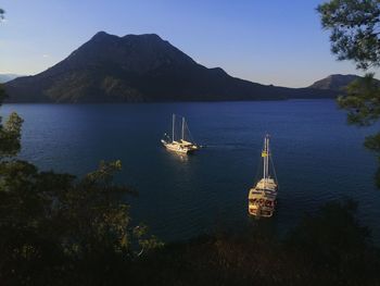 Scenic view of sea and mountains against sky