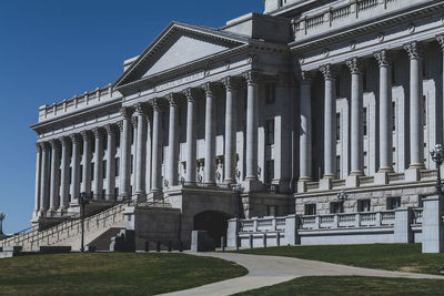 Front of the capitol, government building on a sunny day in the usa.