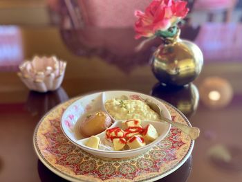 High angle view of meal served on table