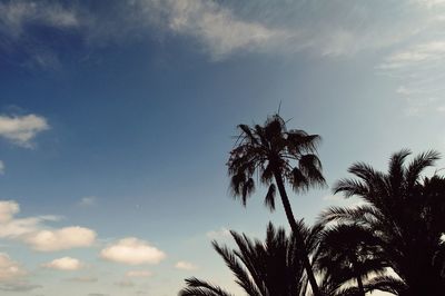 Low angle view of trees against cloudy sky