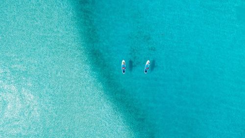 Aerial view of people paddleboarding in sea