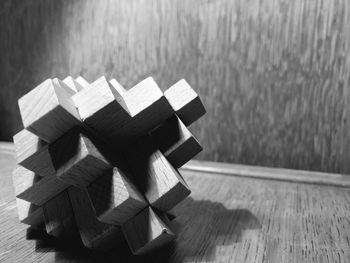 High angle view of wooden toy blocks on table