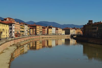 Reflection of buildings in canal against clear blue sky