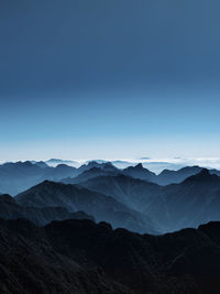 Scenic view of mountains against clear blue sky