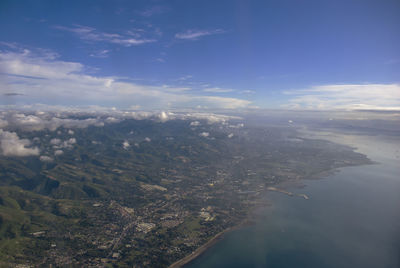 Aerial view of landscape and sea against sky