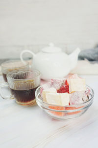 Close-up of ice cream in glass on table