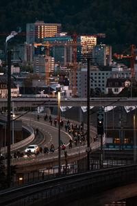 High angle view of illuminated buildings at night