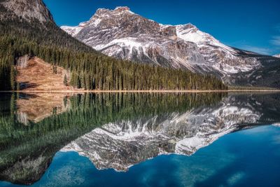 Reflection of snowcapped mountains in lake