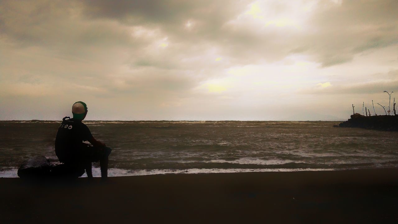 MAN STANDING ON BEACH AGAINST SKY