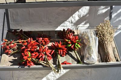 Close-up of red flowers on table