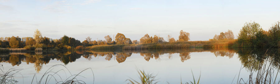 Reflection of trees in lake against sky