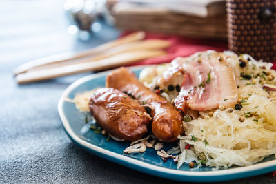 Close-up of food served in plate on table